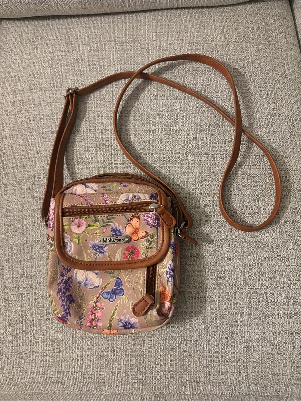 Multisac Floral & Butterfly Crossbody Bag in Tan